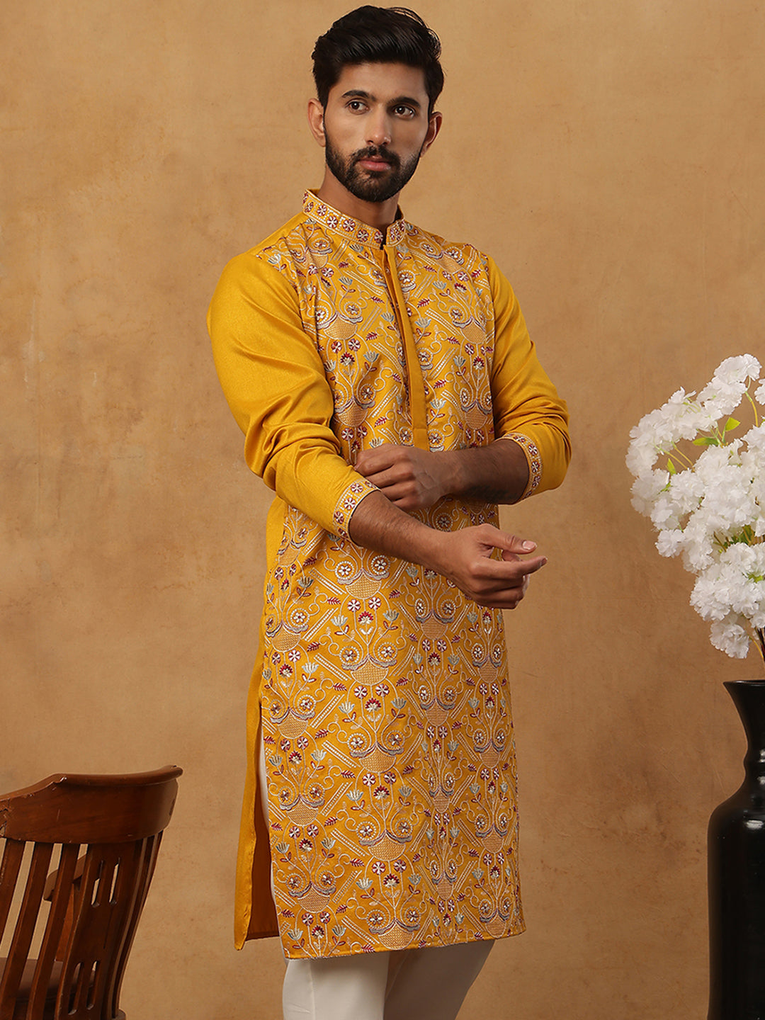 Men Festive Silk Blend Embroidered Kurta ( HOPKO 022Mustard )