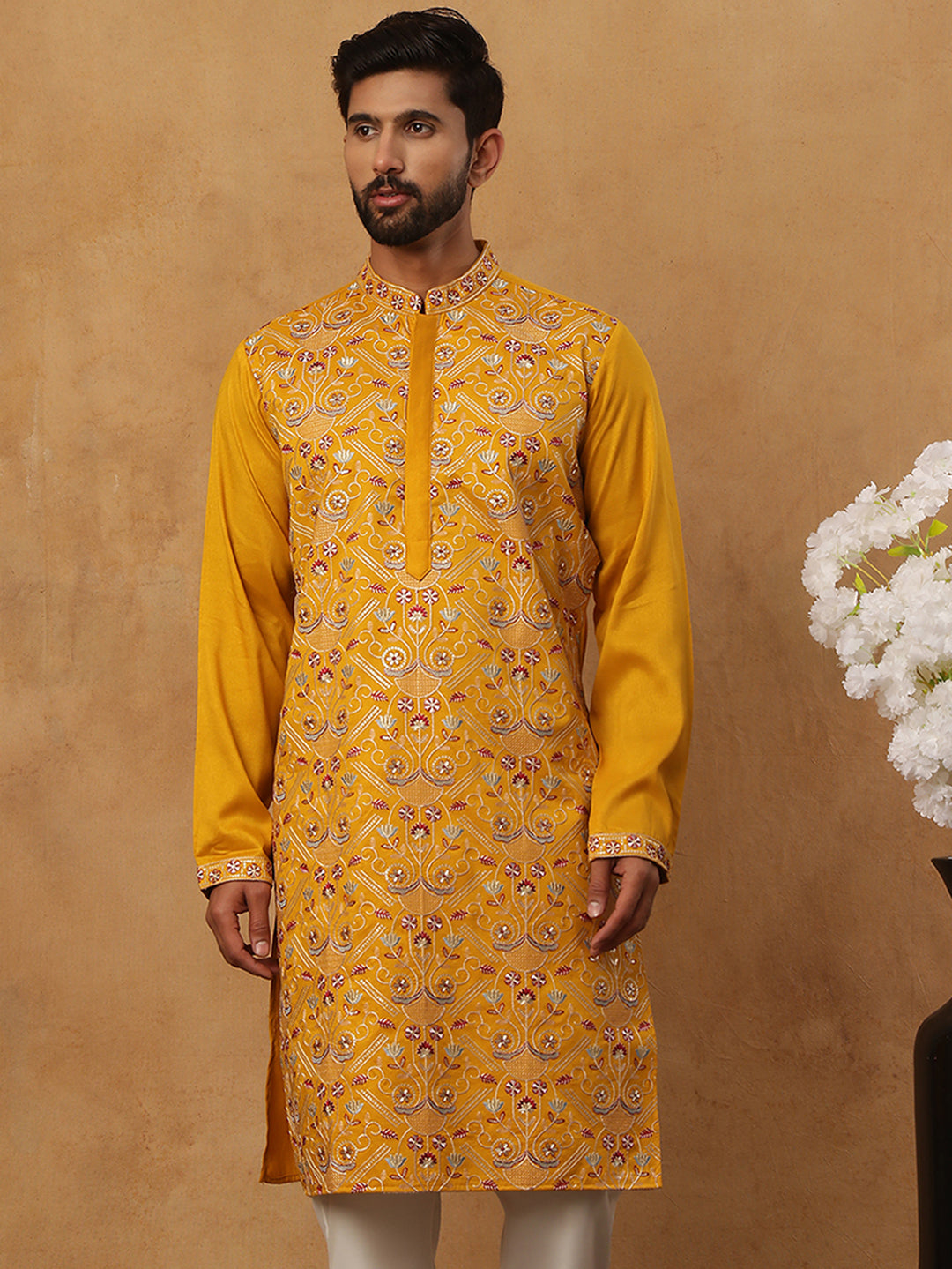 Men Festive Silk Blend Embroidered Kurta ( HOPKO 022Mustard )