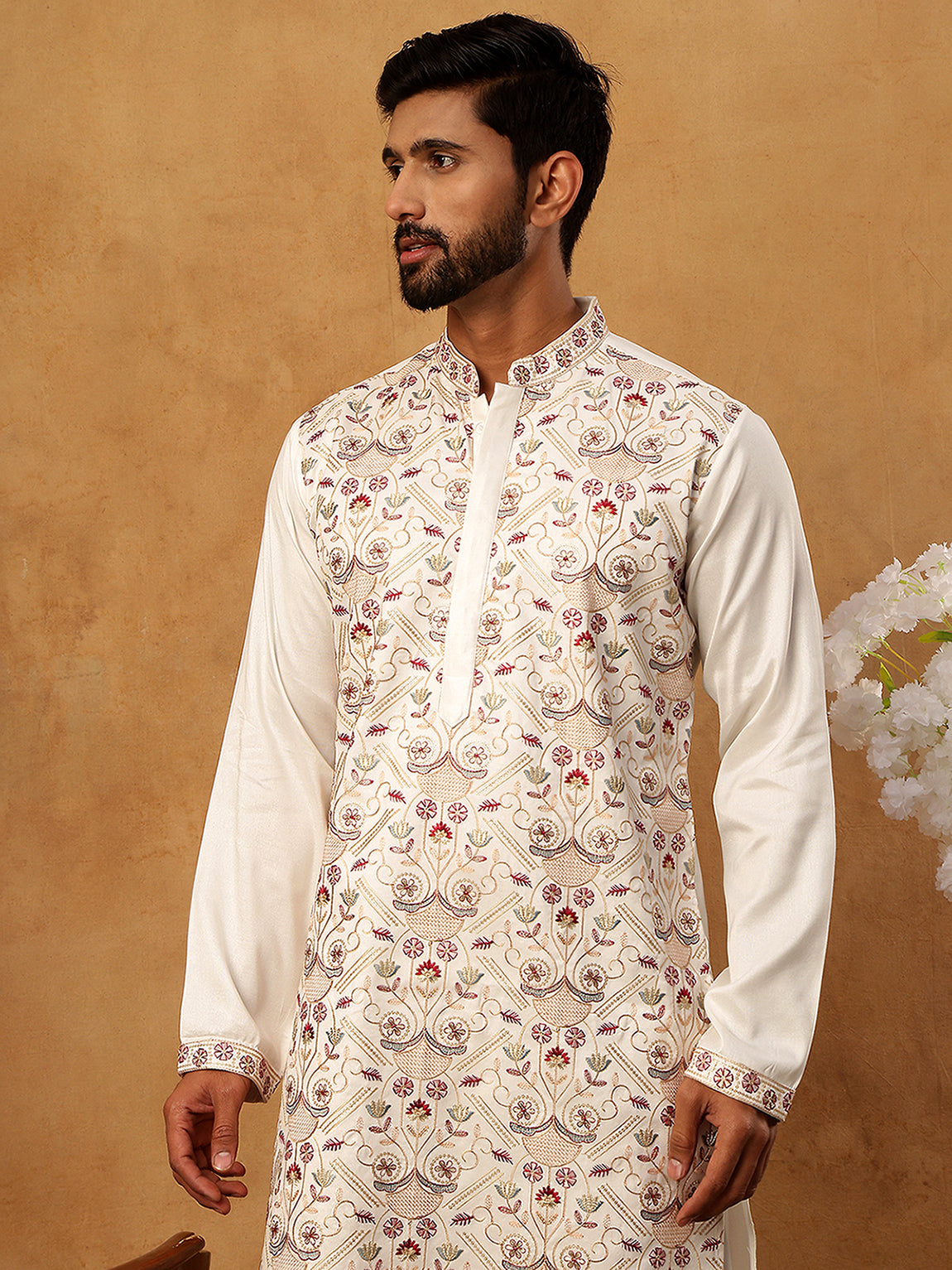 Men Festive Silk Blend Embroidered Kurta ( HOPKO 022White )