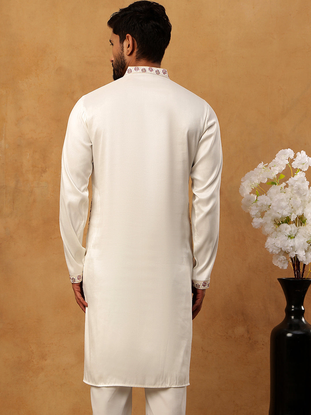 Men Festive Silk Blend Embroidered Kurta ( HOPKO 022White )