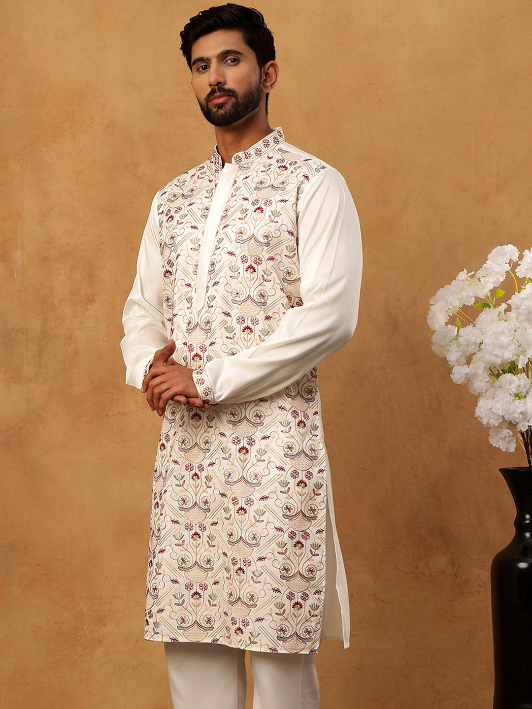 Men Festive Silk Blend Embroidered Kurta ( HOPKO 022White )