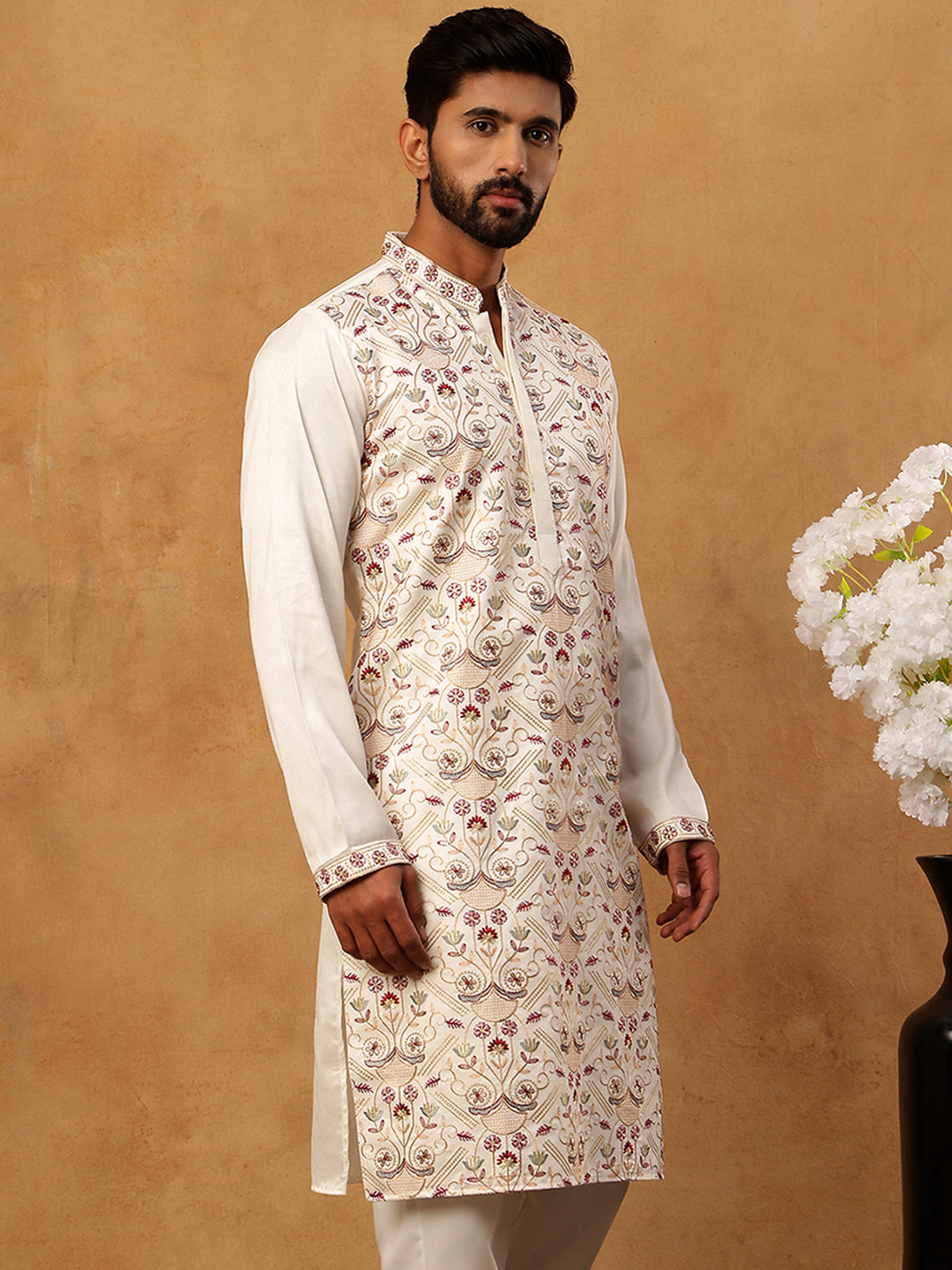 Men Festive Silk Blend Embroidered Kurta ( HOPKO 022White )
