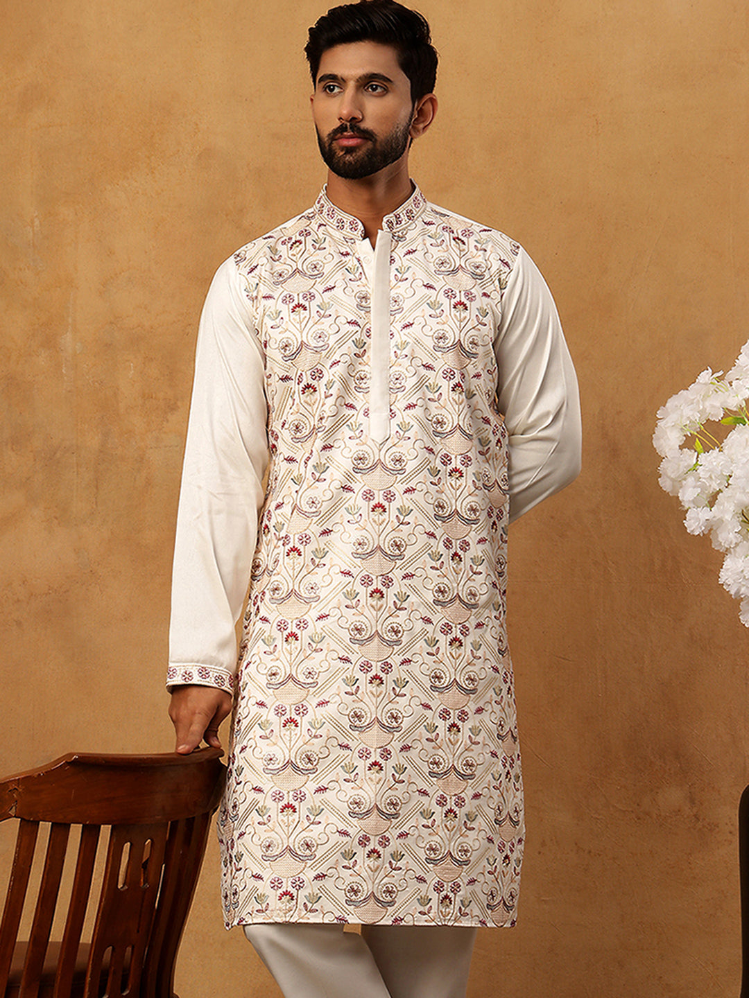 Men Festive Silk Blend Embroidered Kurta ( HOPKO 022White )