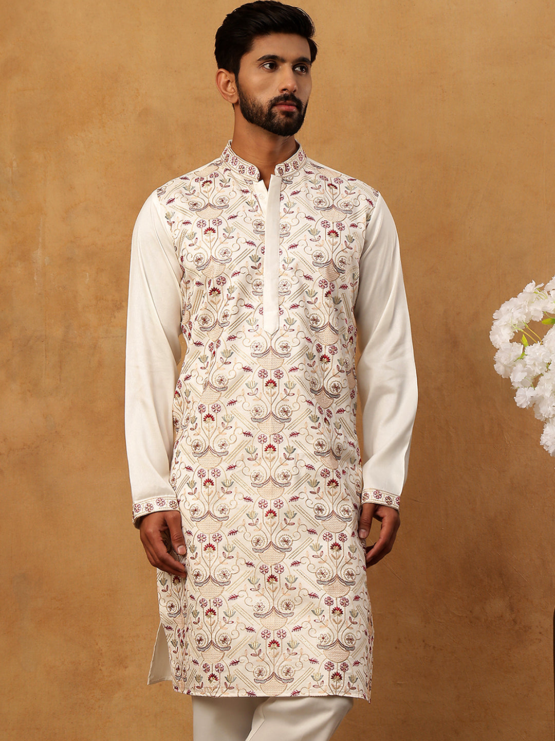 Men Festive Silk Blend Embroidered Kurta ( HOPKO 022White )