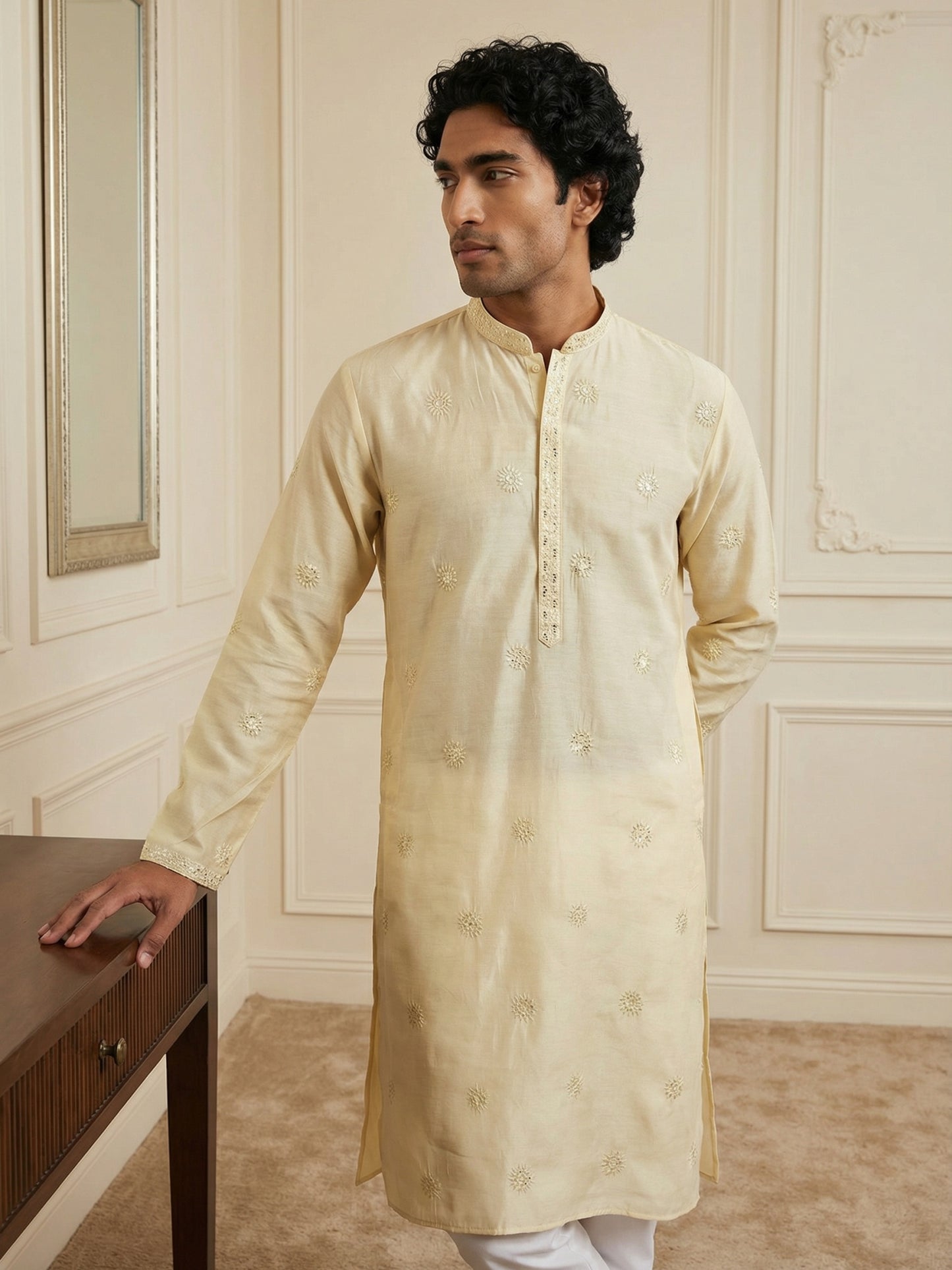 Silk Blend Embroidered Kurta for Men ( HOPKO 024Cream )