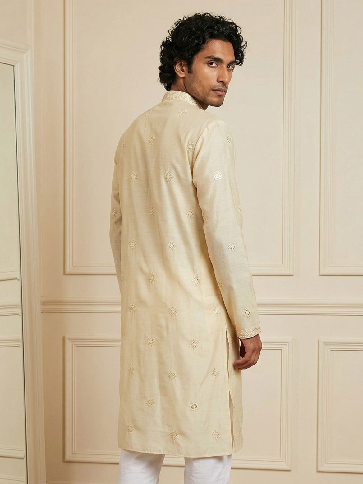 Silk Blend Embroidered Kurta for Men ( HOPKO 024Cream )