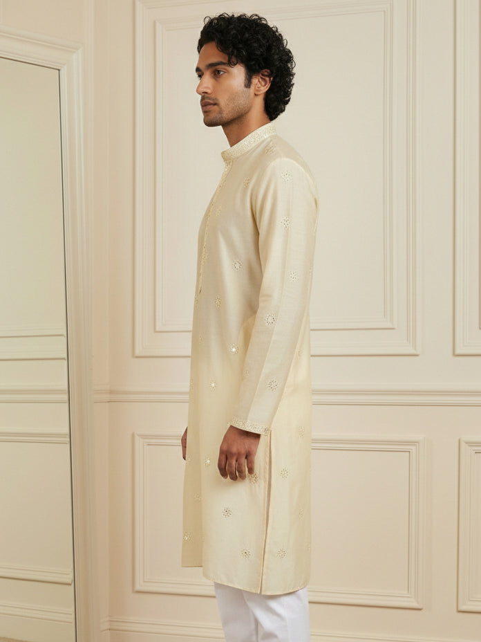 Silk Blend Embroidered Kurta for Men ( HOPKO 024Cream )
