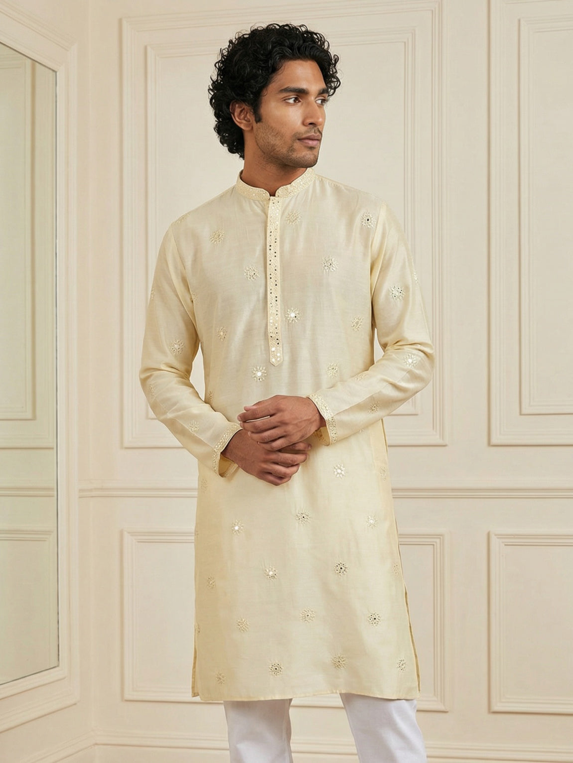 Silk Blend Embroidered Kurta for Men ( HOPKO 024Cream )