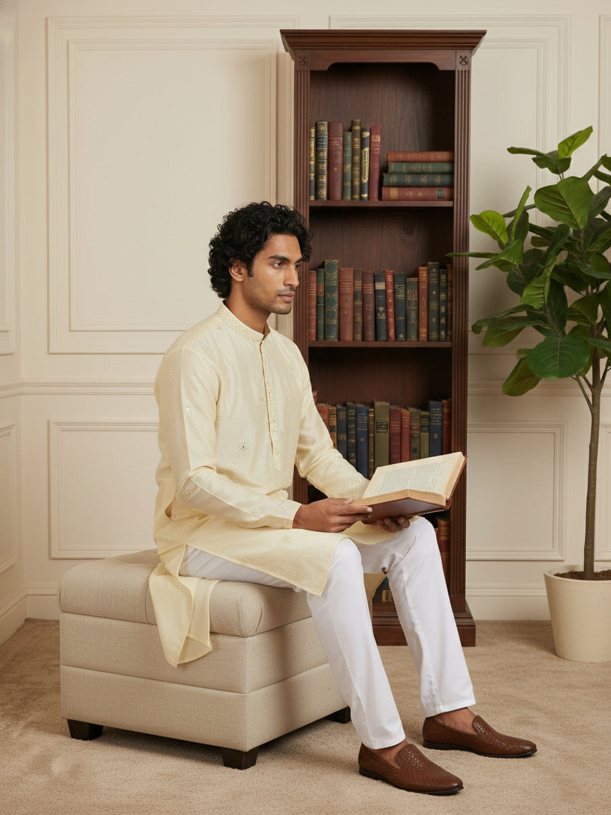 Silk Blend Embroidered Kurta for Men ( HOPKO 024Cream )