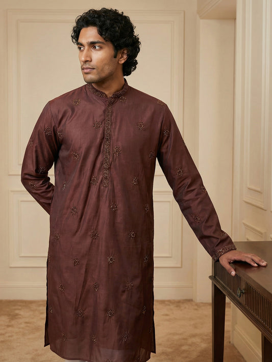 Silk Blend Embroidered Kurta for Men ( HOPKO 024Maroon )