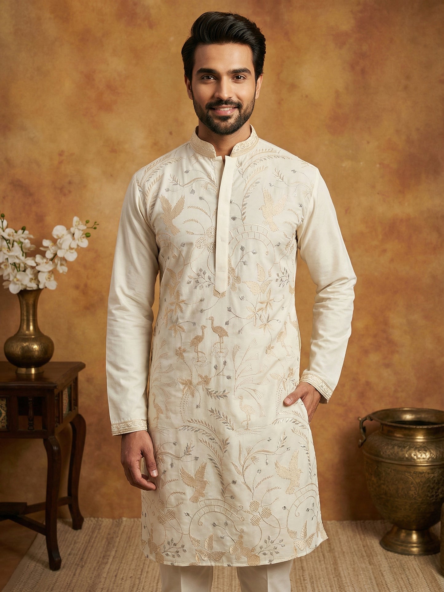 Men's Cream Embroidered Kurta ( HOPKO 025Cream )