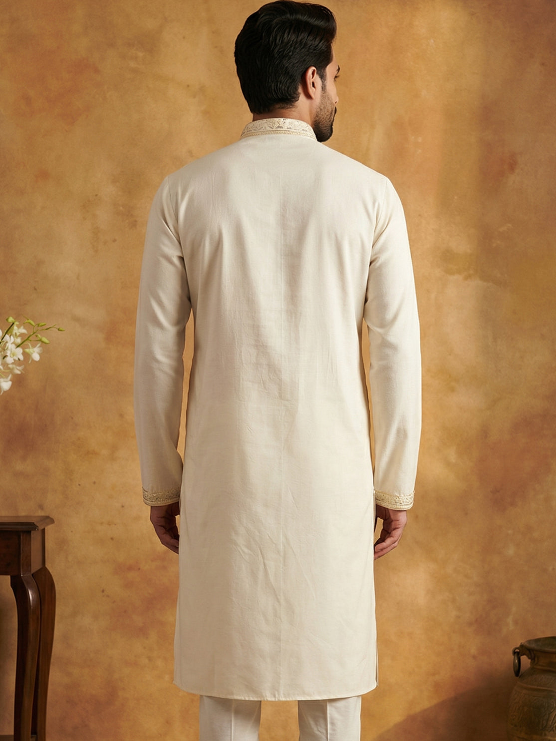 Men's Cream Embroidered Kurta ( HOPKO 025Cream )