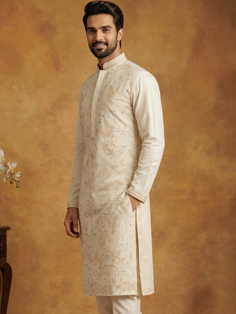 Men's Cream Embroidered Kurta ( HOPKO 025Cream )
