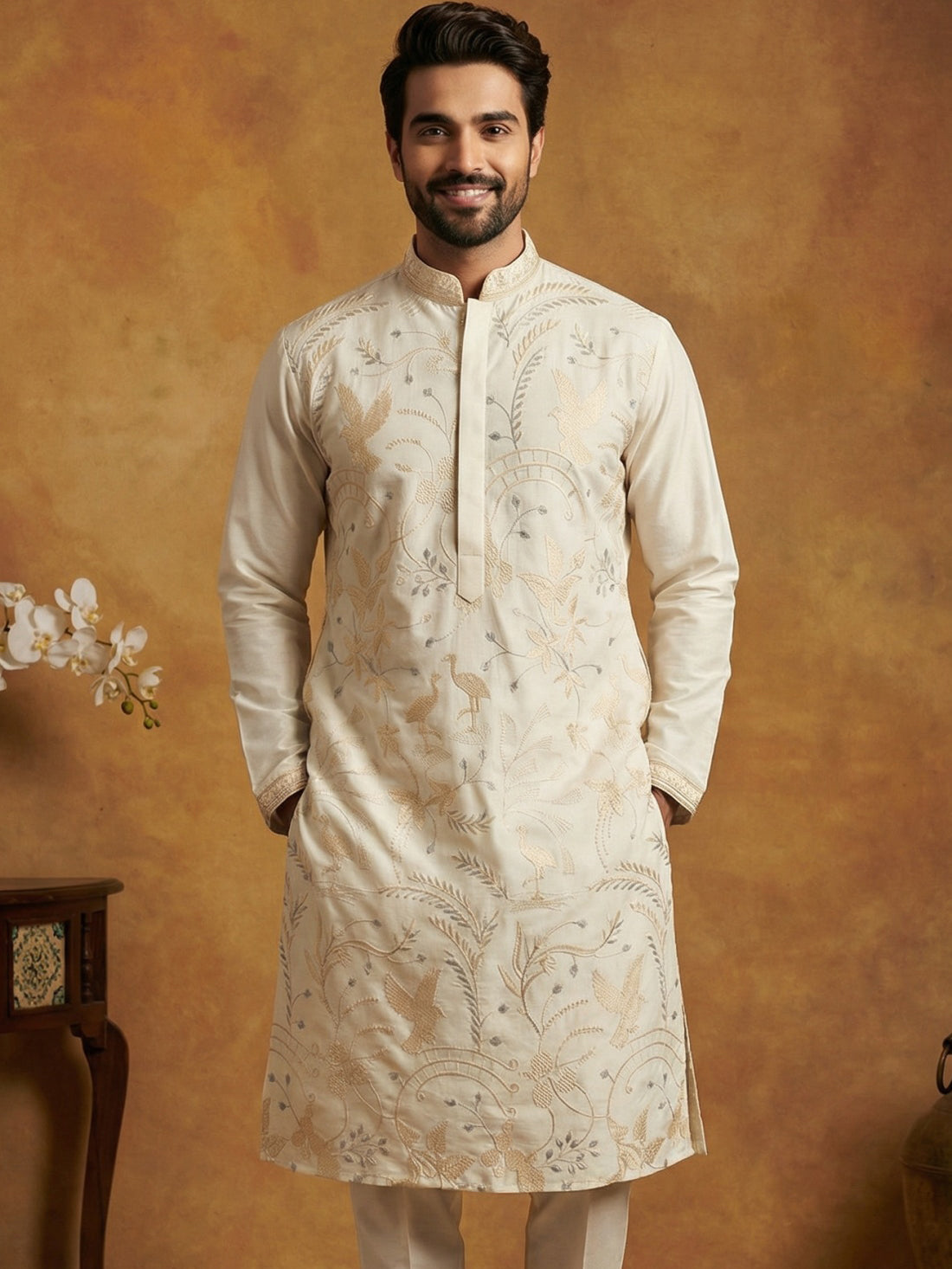 Men's Cream Embroidered Kurta ( HOPKO 025Cream )