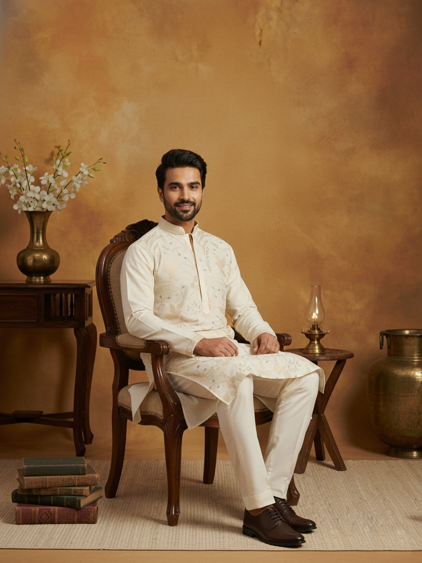 Men's Cream Embroidered Kurta ( HOPKO 025Cream )