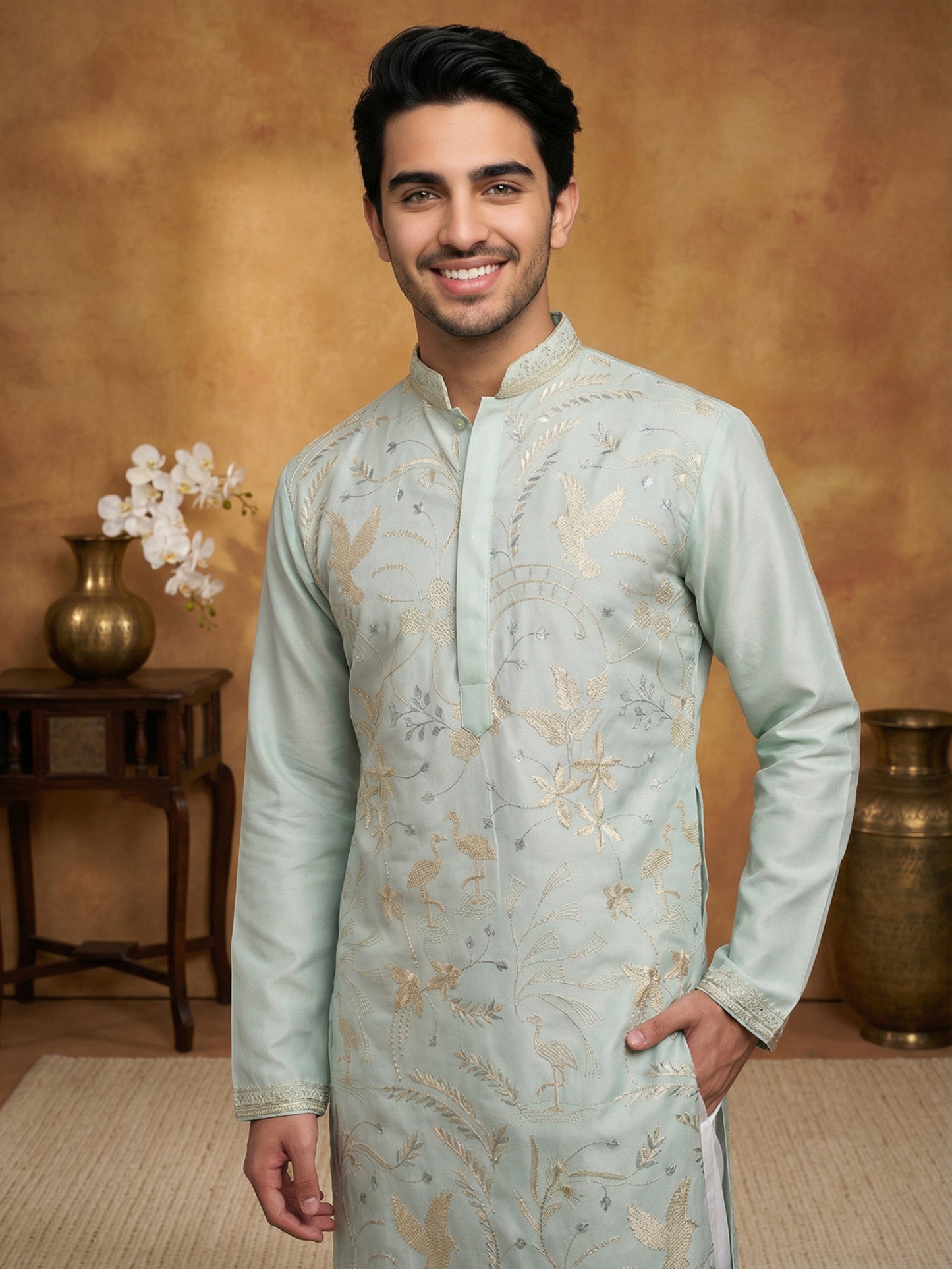Men's Blue Embroidered Kurta ( HOPKO 025Sky )