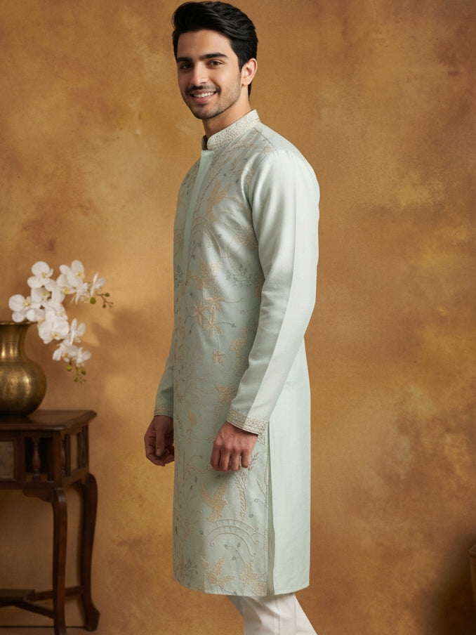 Men's Blue Embroidered Kurta ( HOPKO 025Sky )