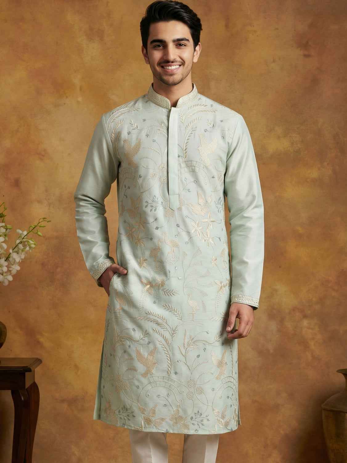Men's Blue Embroidered Kurta ( HOPKO 025Sky )