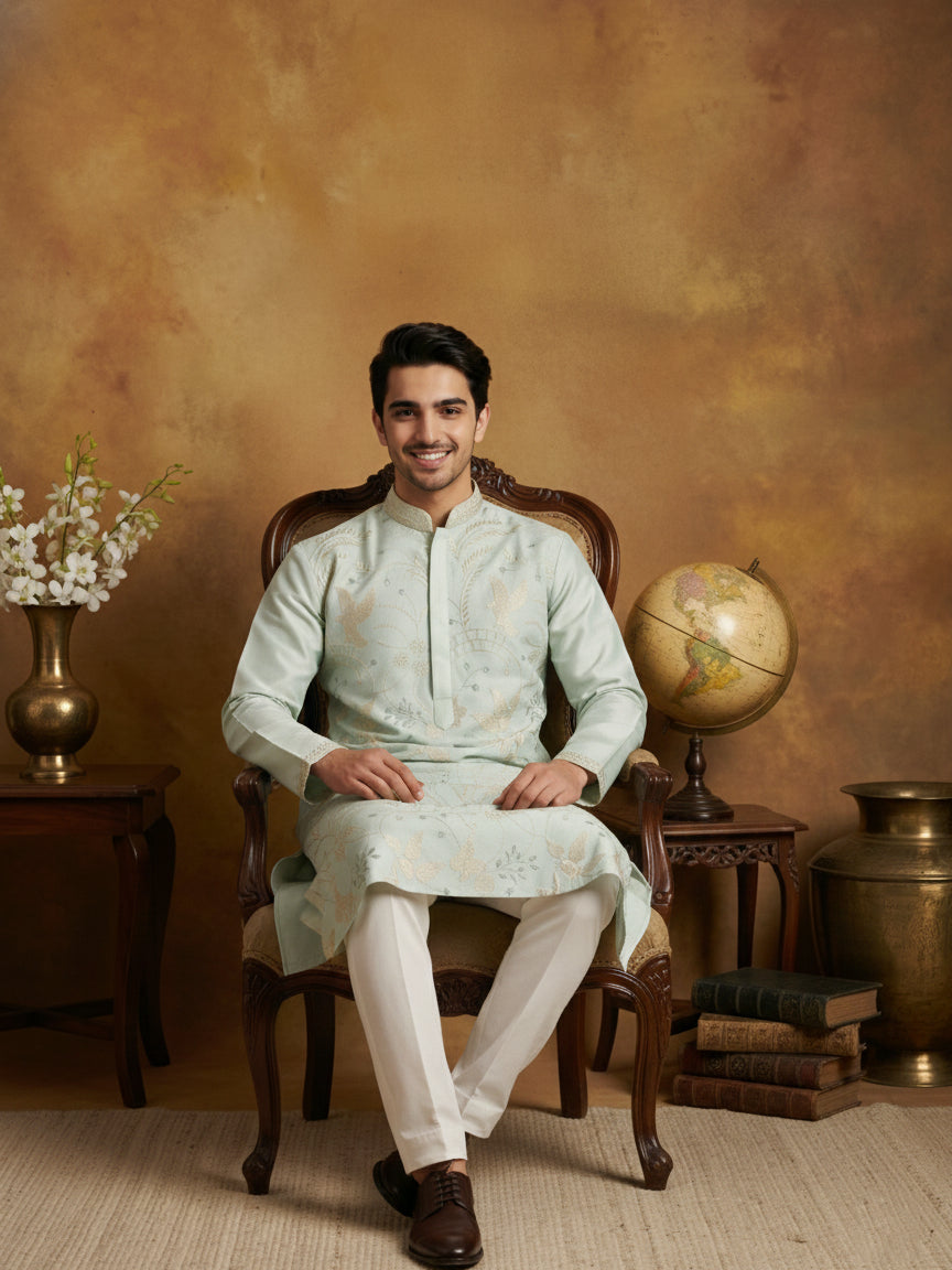 Men's Blue Embroidered Kurta ( HOPKO 025Sky )