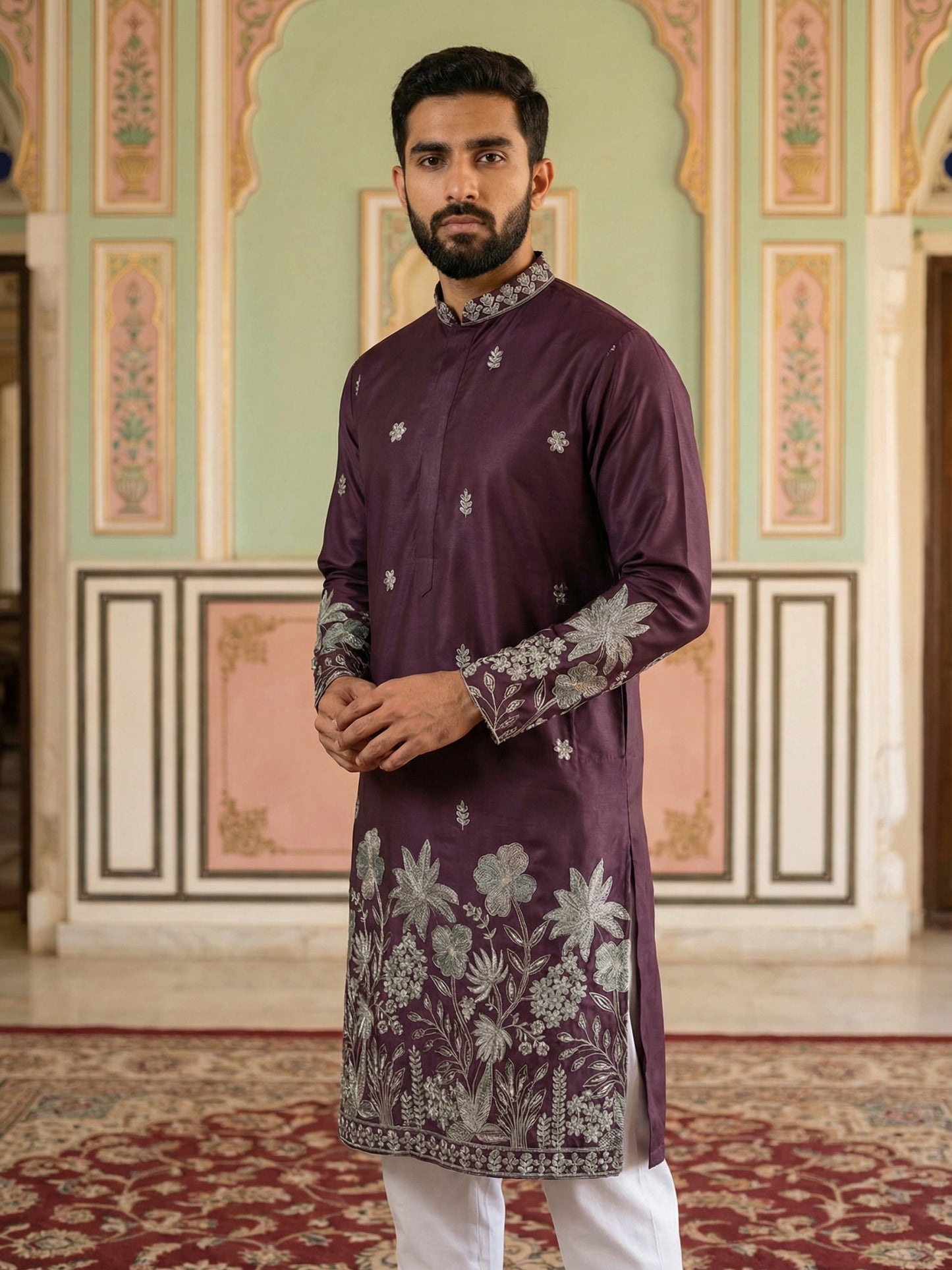 Men Embroidered Silk Blend Kurta ( HOPKO 026Maroon )