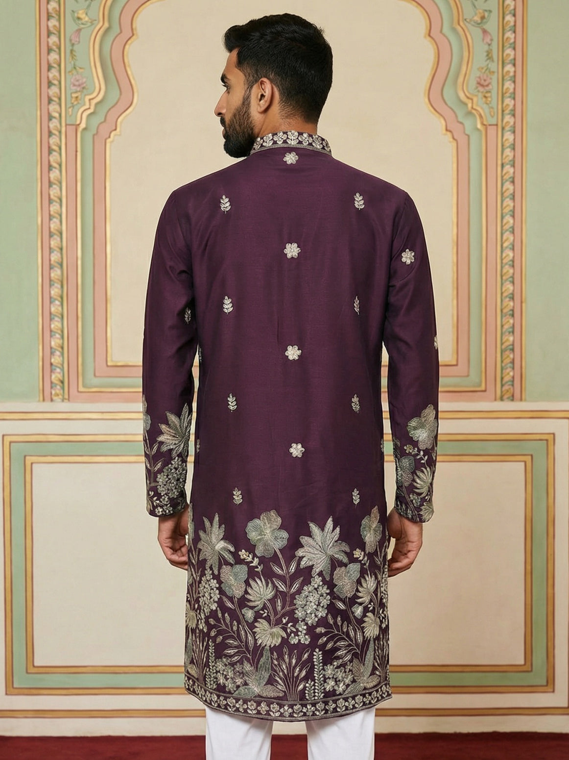 Men Embroidered Silk Blend Kurta ( HOPKO 026Maroon )