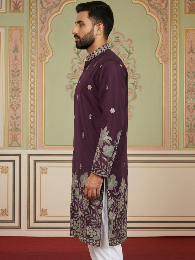 Men Embroidered Silk Blend Kurta ( HOPKO 026Maroon )