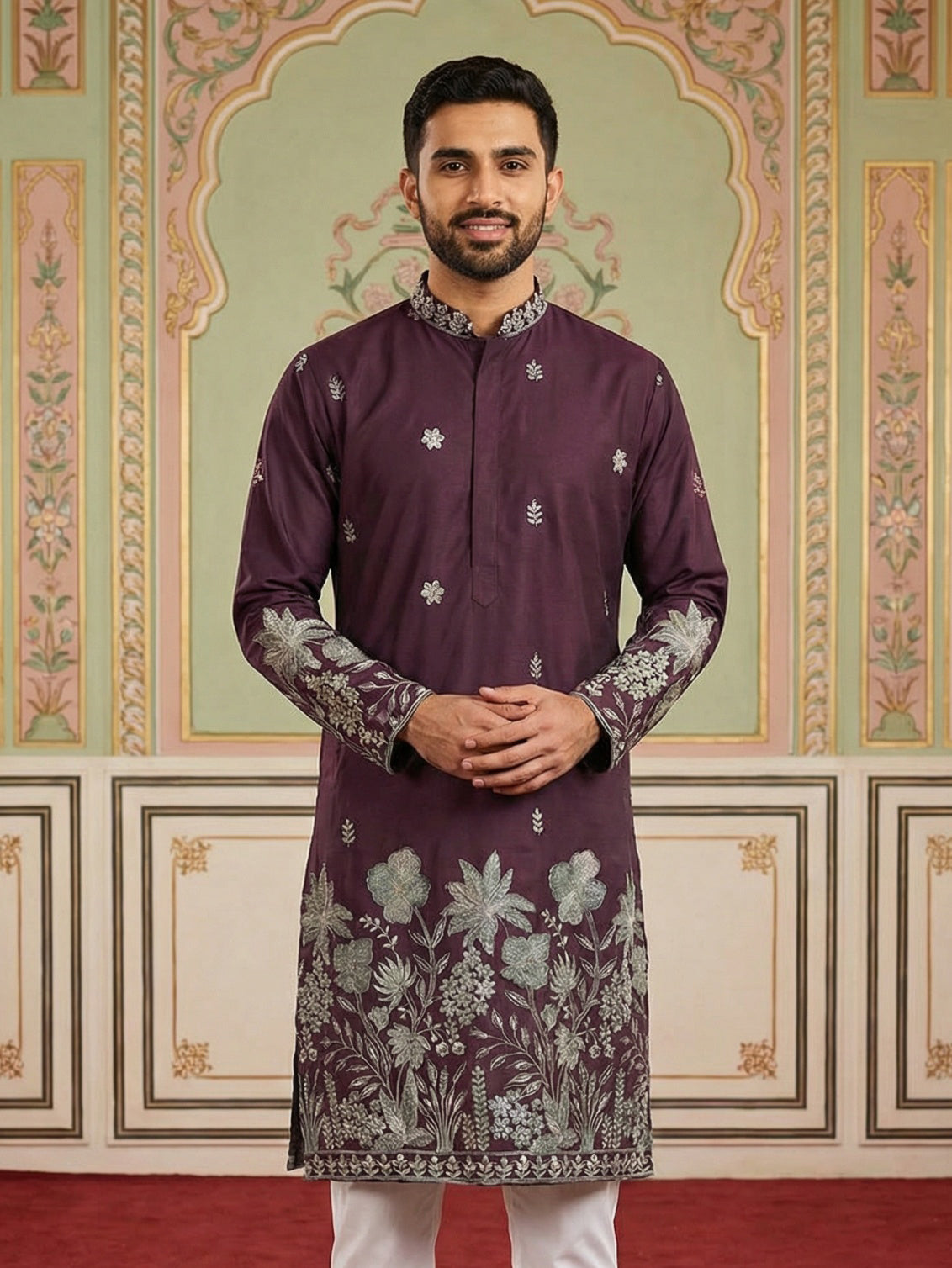 Men Embroidered Silk Blend Kurta ( HOPKO 026Maroon )