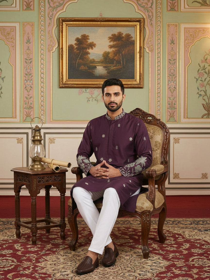 Men Embroidered Silk Blend Kurta ( HOPKO 026Maroon )