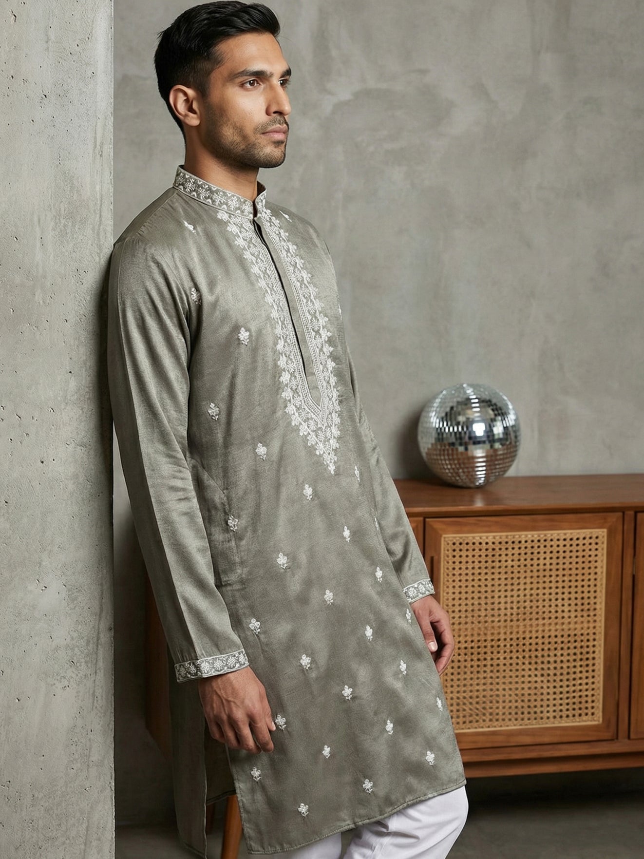 Men’s Ethnic Embroidered Straight Kurta ( HOPKO 027Beige )