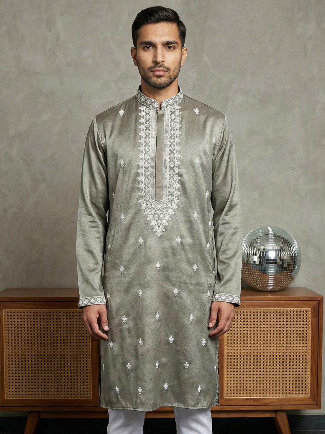 Men’s Ethnic Embroidered Straight Kurta ( HOPKO 027Beige )