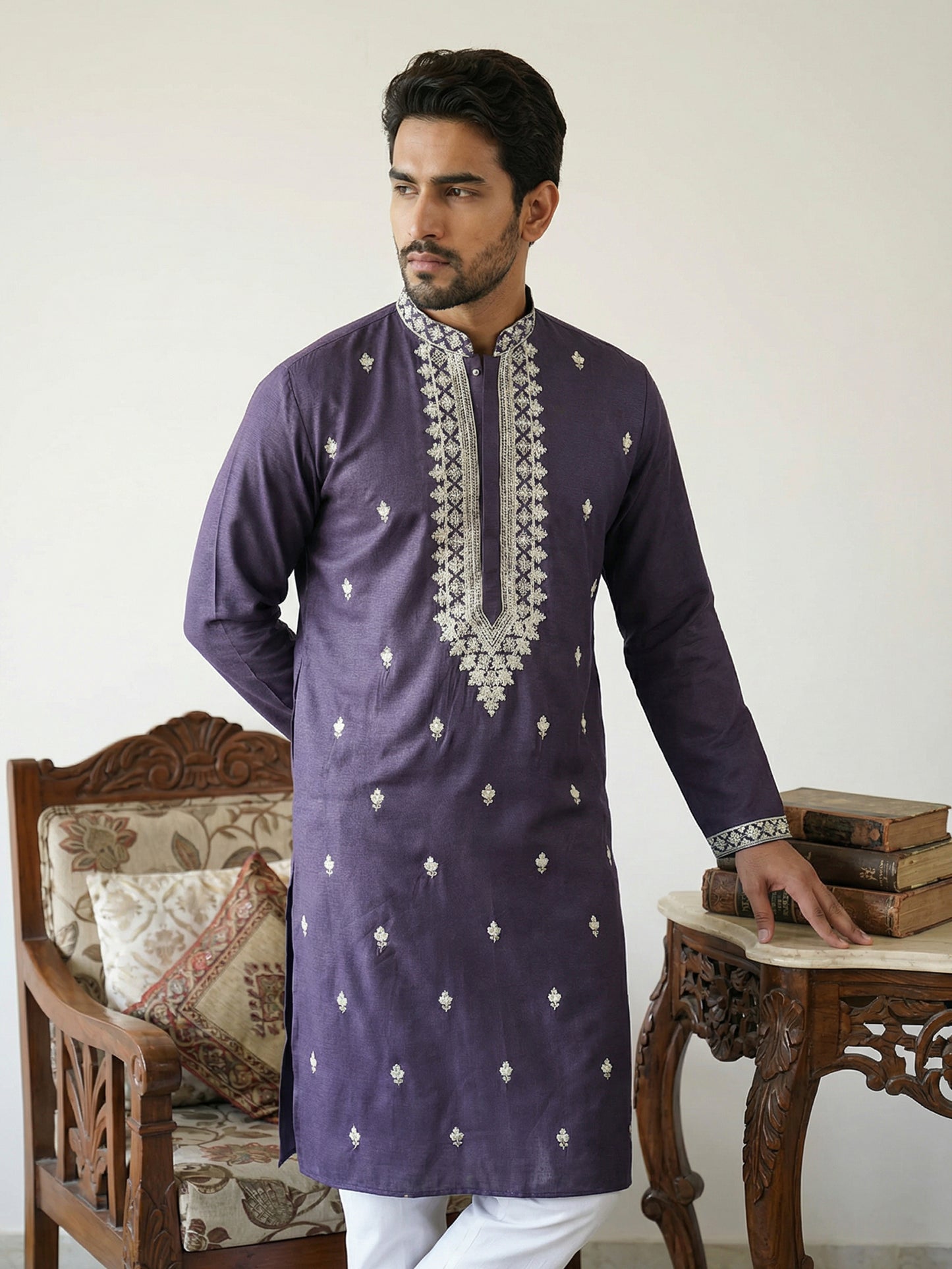 Men’s Ethnic Embroidered Straight Kurta ( HOPKO 027Purple )