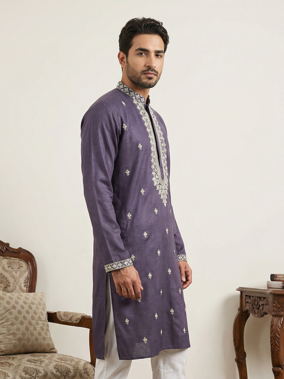 Men’s Ethnic Embroidered Straight Kurta ( HOPKO 027Purple )