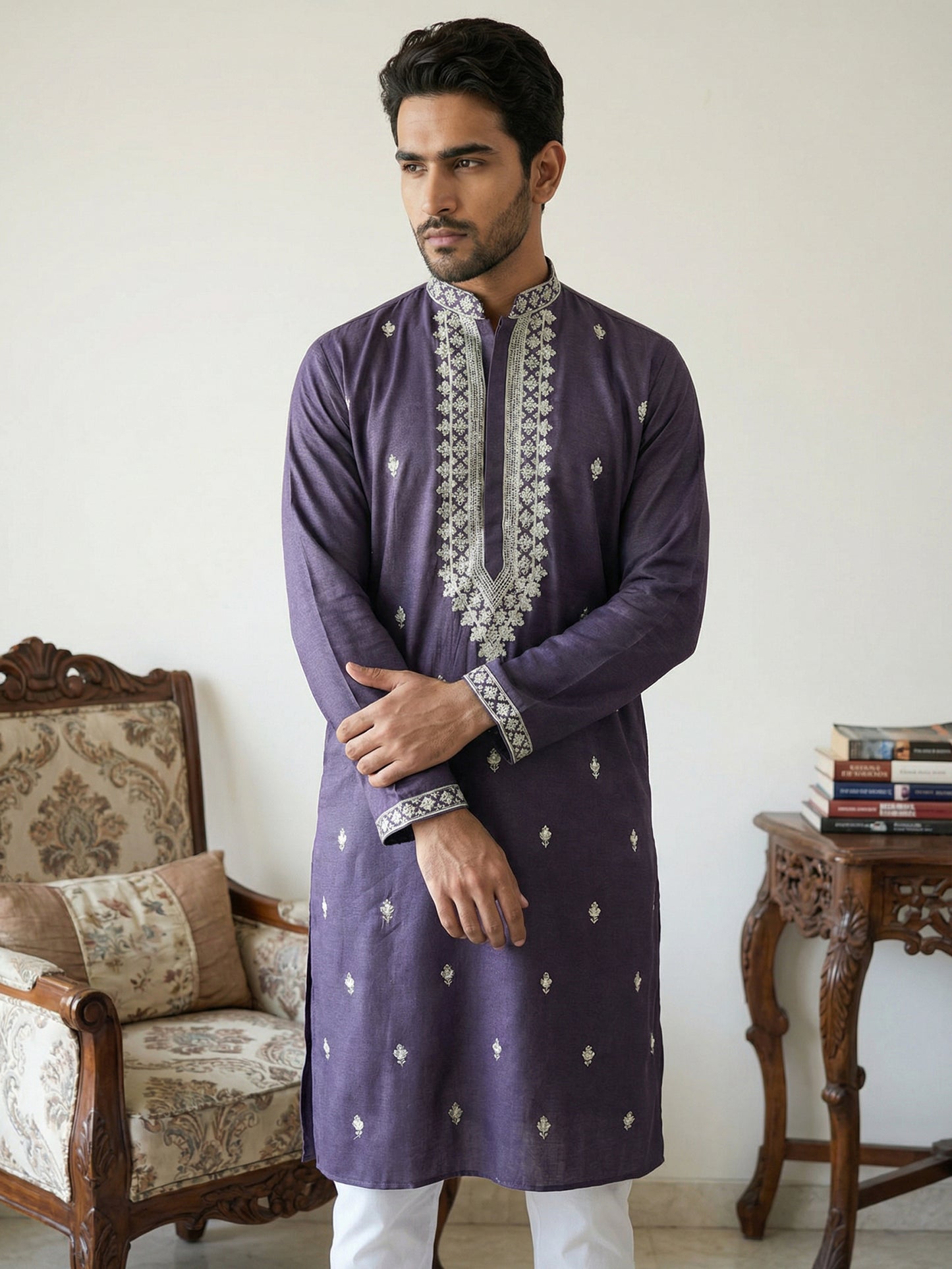 Men’s Ethnic Embroidered Straight Kurta ( HOPKO 027Purple )