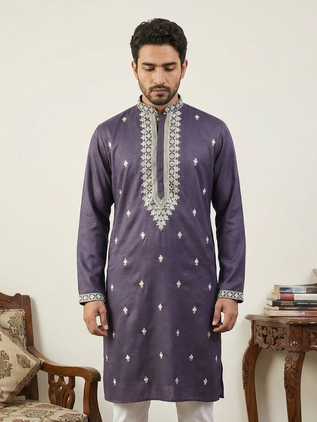 Men’s Ethnic Embroidered Straight Kurta ( HOPKO 027Purple )