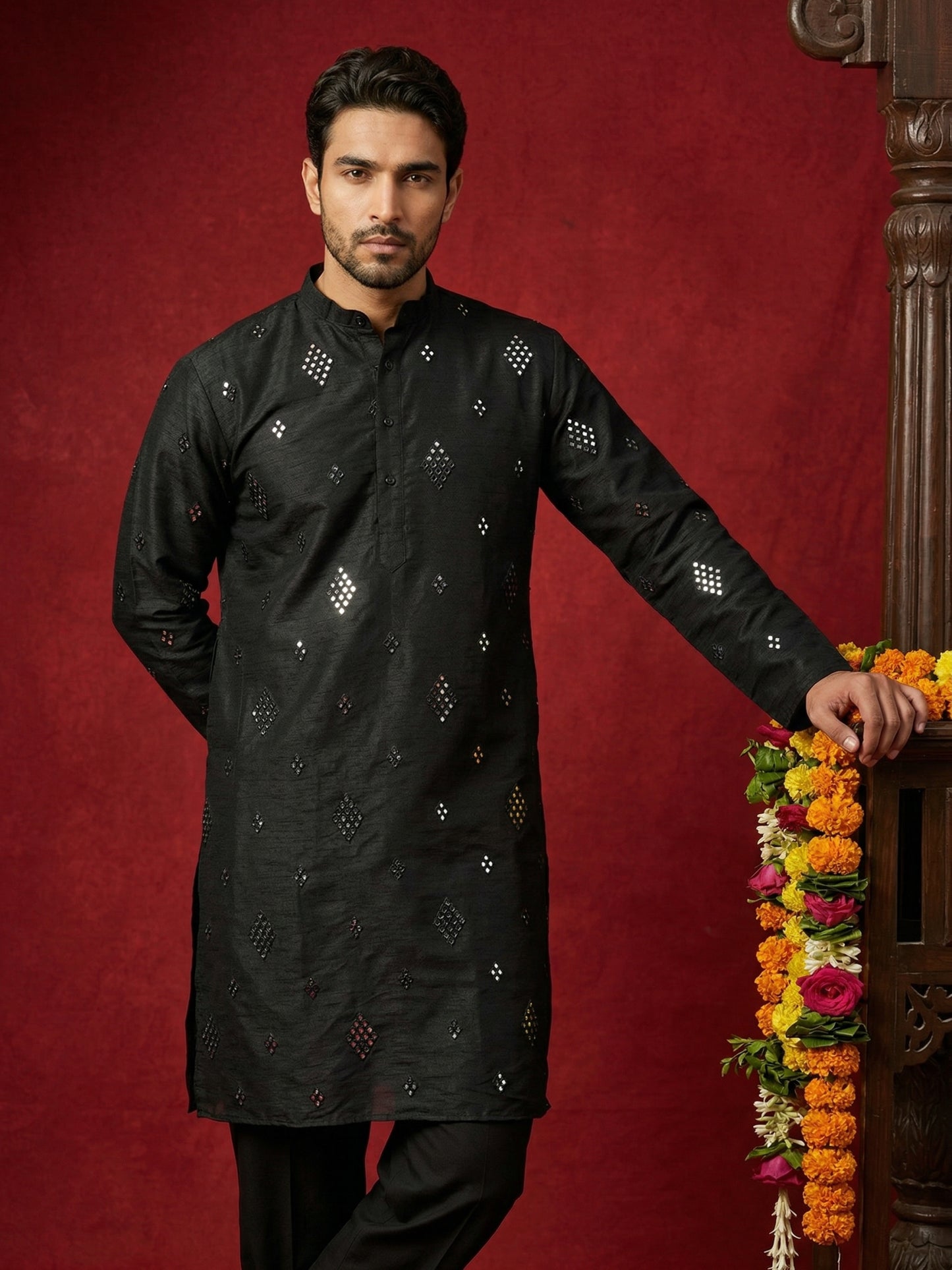 Embellished Mirror Work Silk Blend Kurta ( HOPKO 031Black )