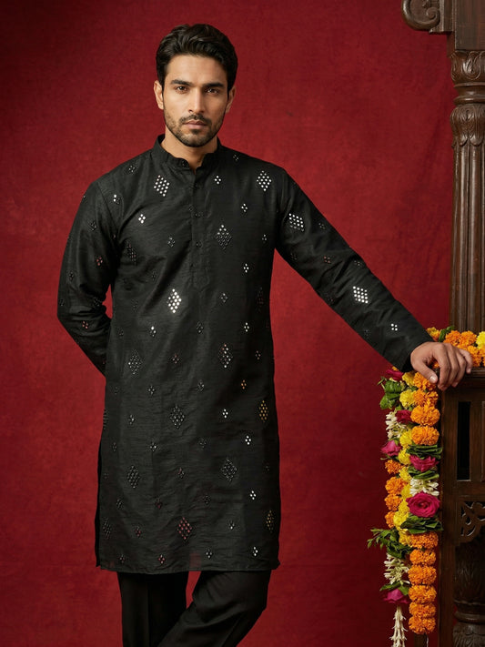 Embellished Mirror Work Silk Blend Kurta ( HOPKO 031Black )