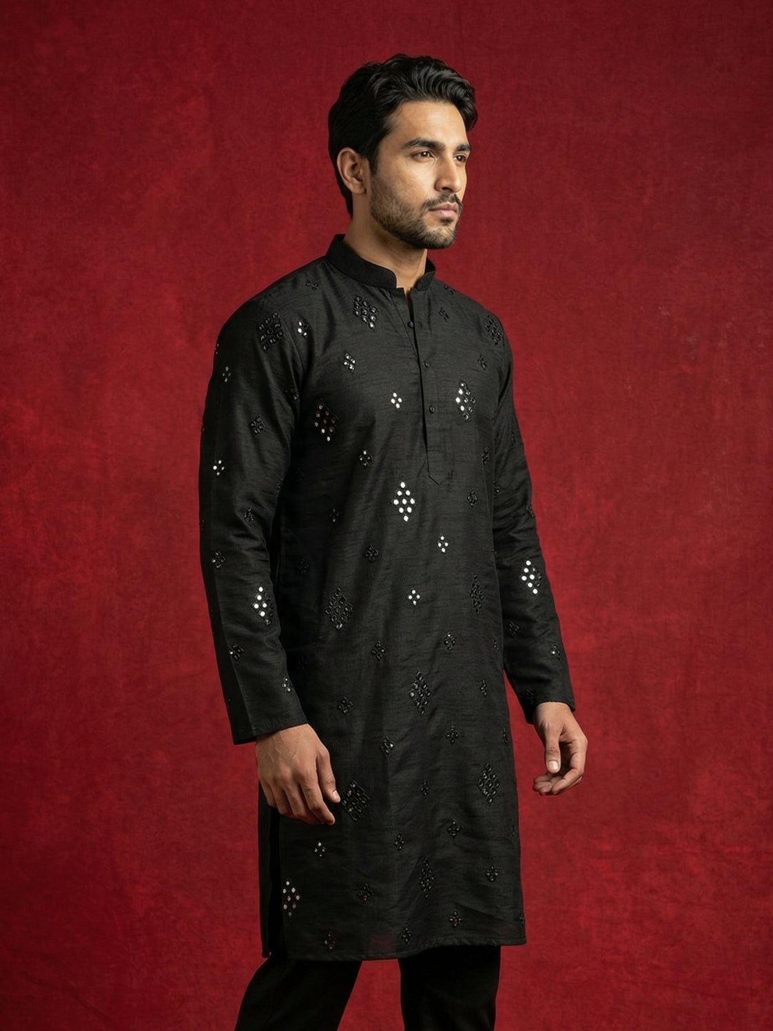 Embellished Mirror Work Silk Blend Kurta ( HOPKO 031Black )
