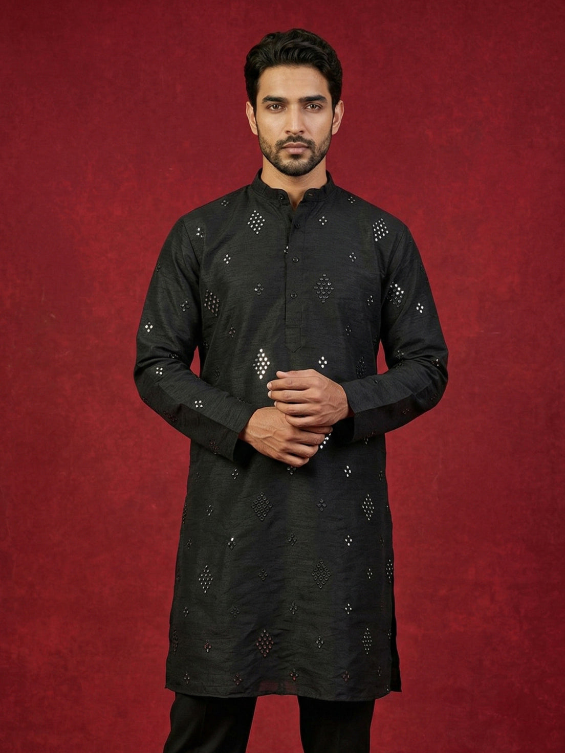 Embellished Mirror Work Silk Blend Kurta ( HOPKO 031Black )