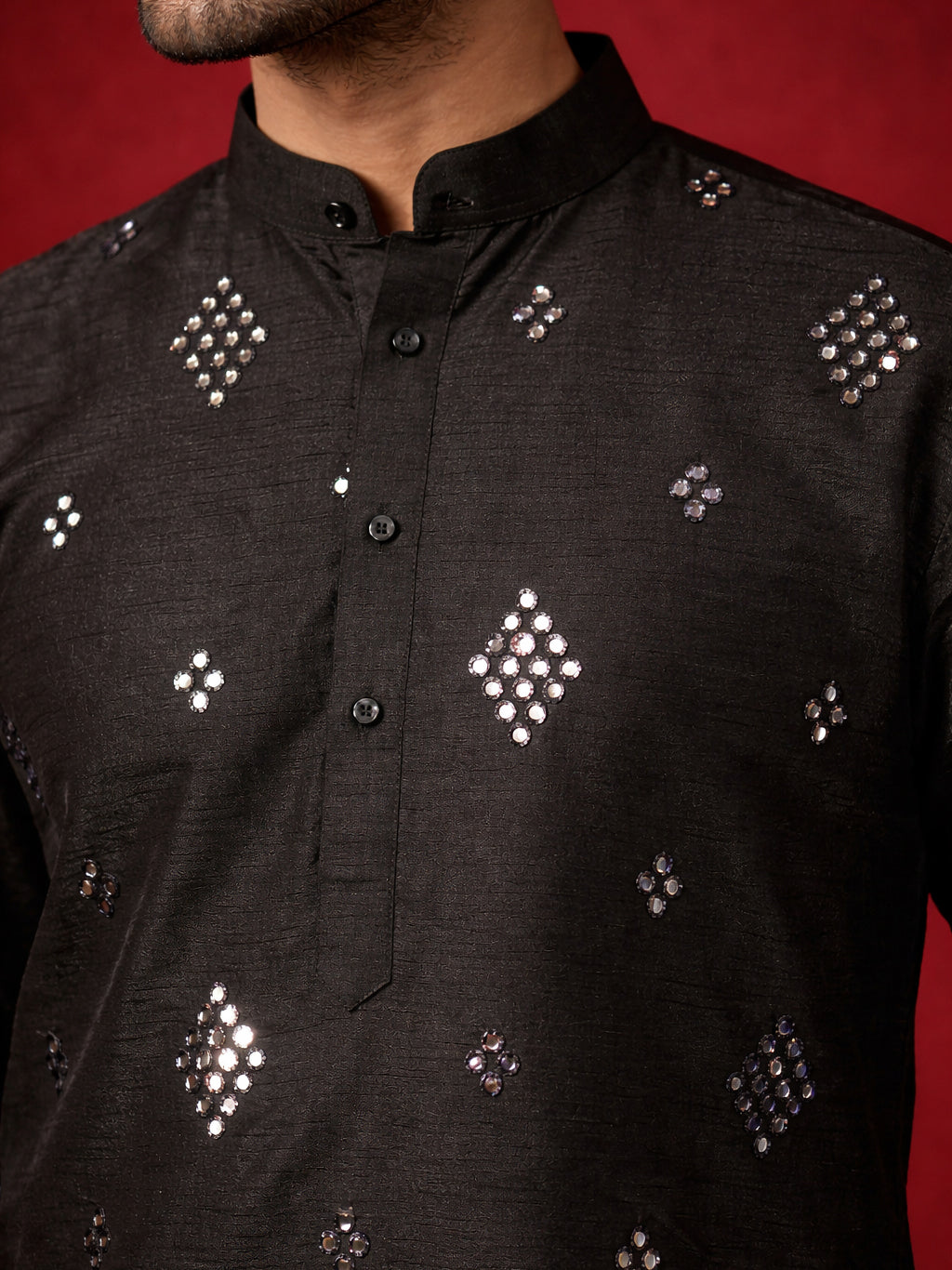 Embellished Mirror Work Silk Blend Kurta ( HOPKO 031Black )