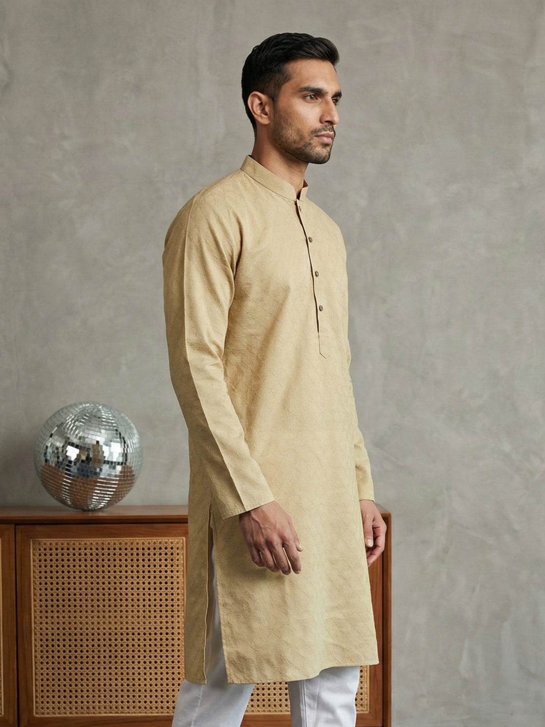 Self Design Cotton Blend Kurta ( HOPKO 033Beige )