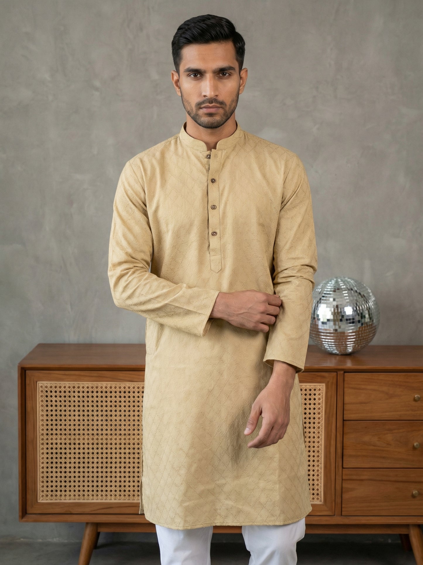 Self Design Cotton Blend Kurta ( HOPKO 033Beige )