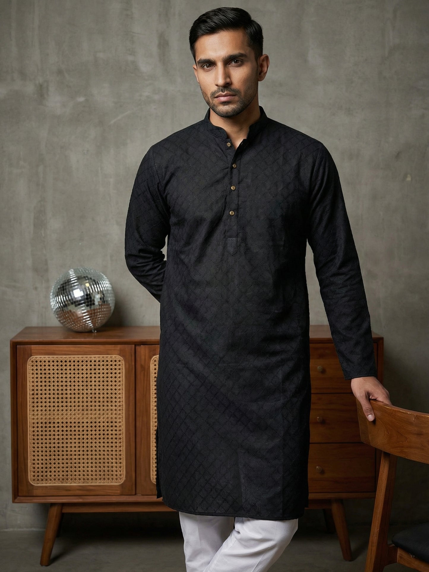 Self Design Cotton Blend Kurta ( HOPKO 033Black )