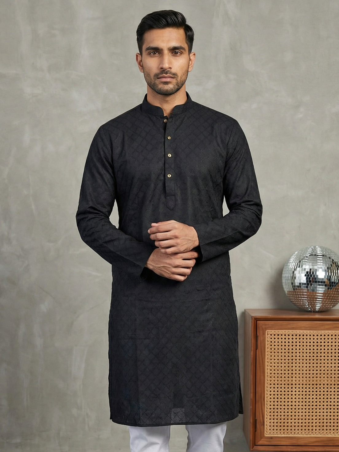 Self Design Cotton Blend Kurta ( HOPKO 033Black )