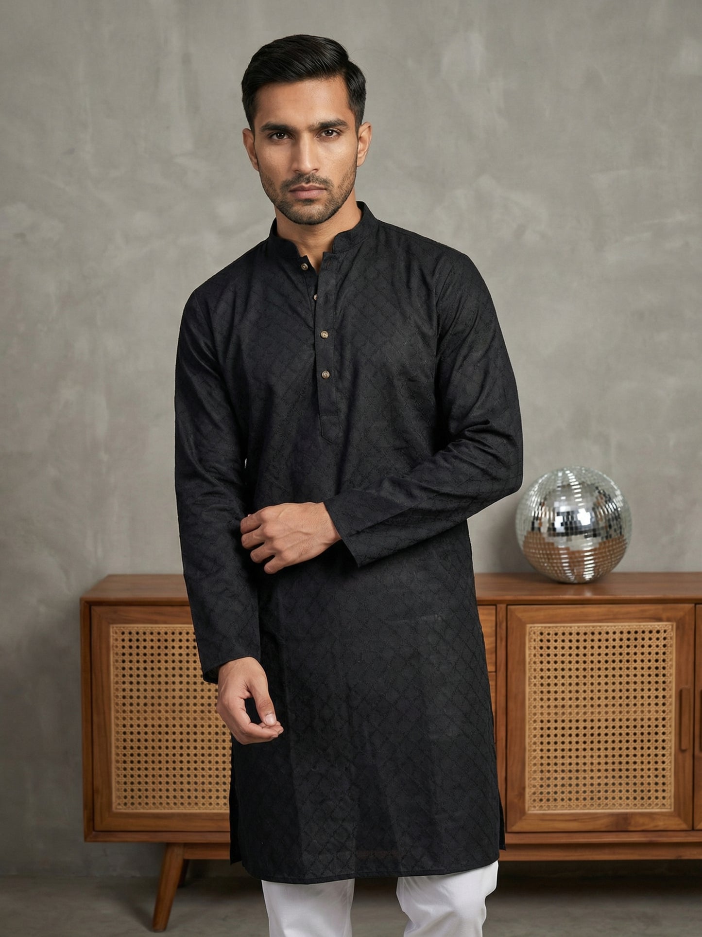 Self Design Cotton Blend Kurta ( HOPKO 033Black )