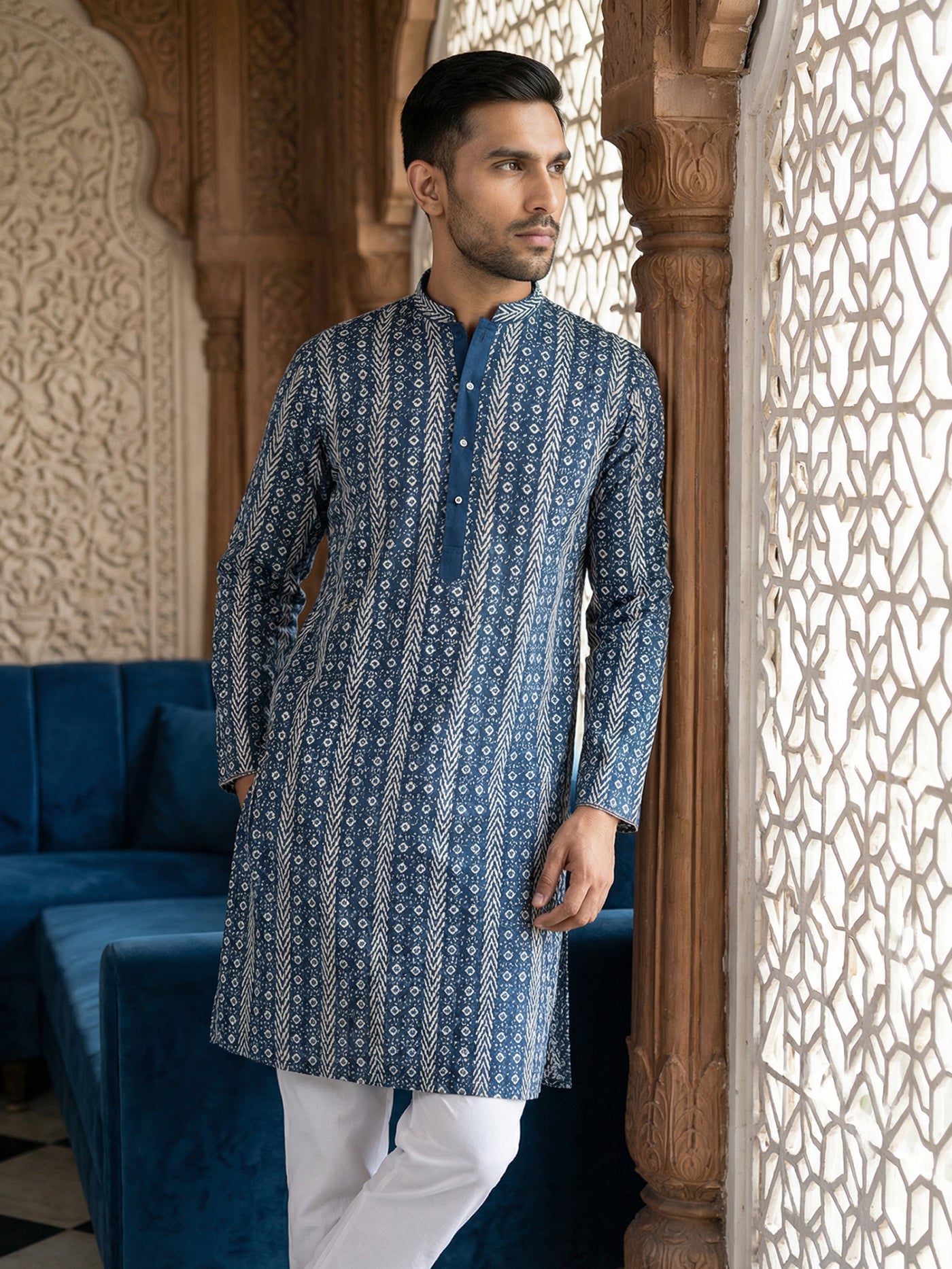 Cotton Blend Embroidered Kurta ( HOPKO 034Blue )
