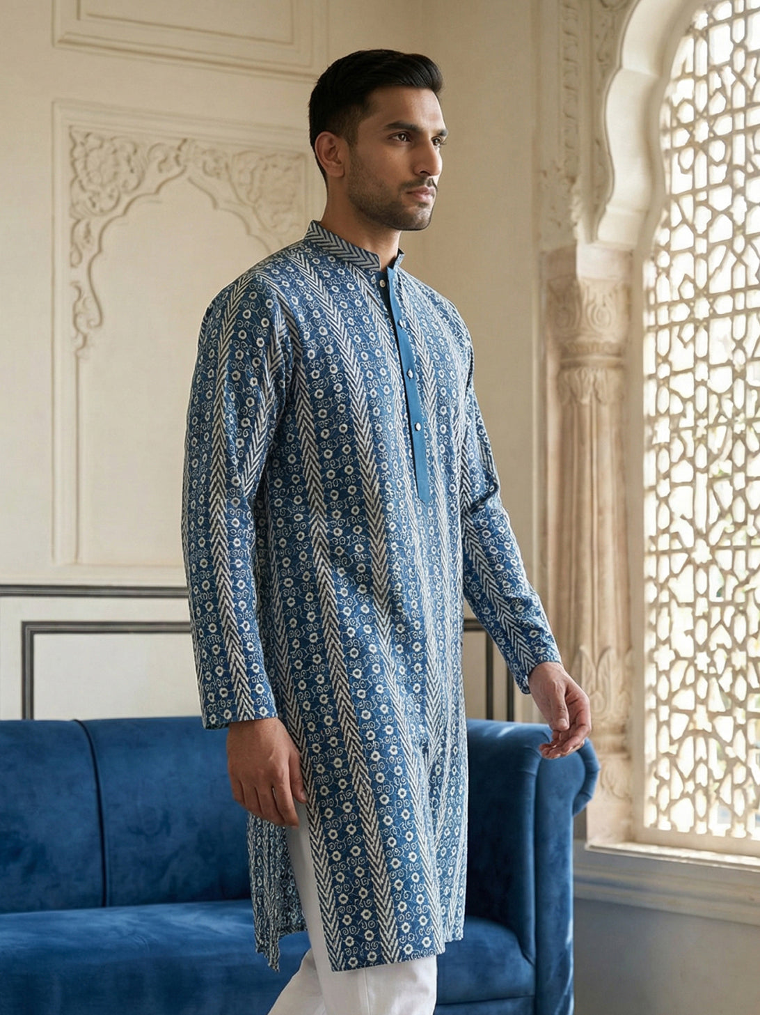 Cotton Blend Embroidered Kurta ( HOPKO 034Blue )