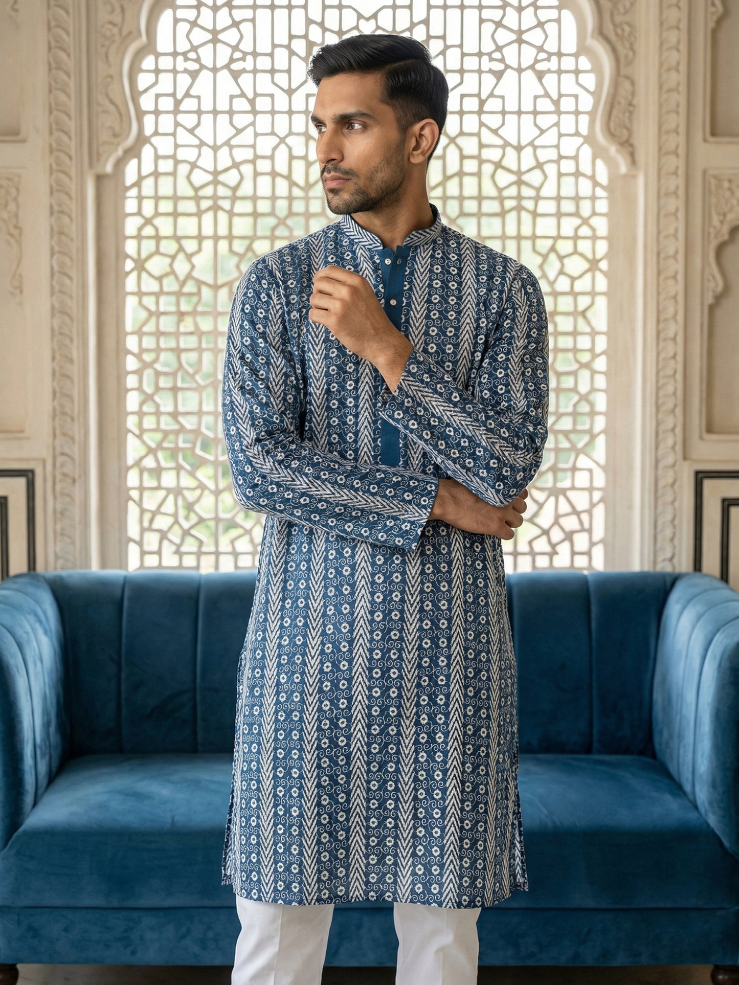 Cotton Blend Embroidered Kurta ( HOPKO 034Blue )