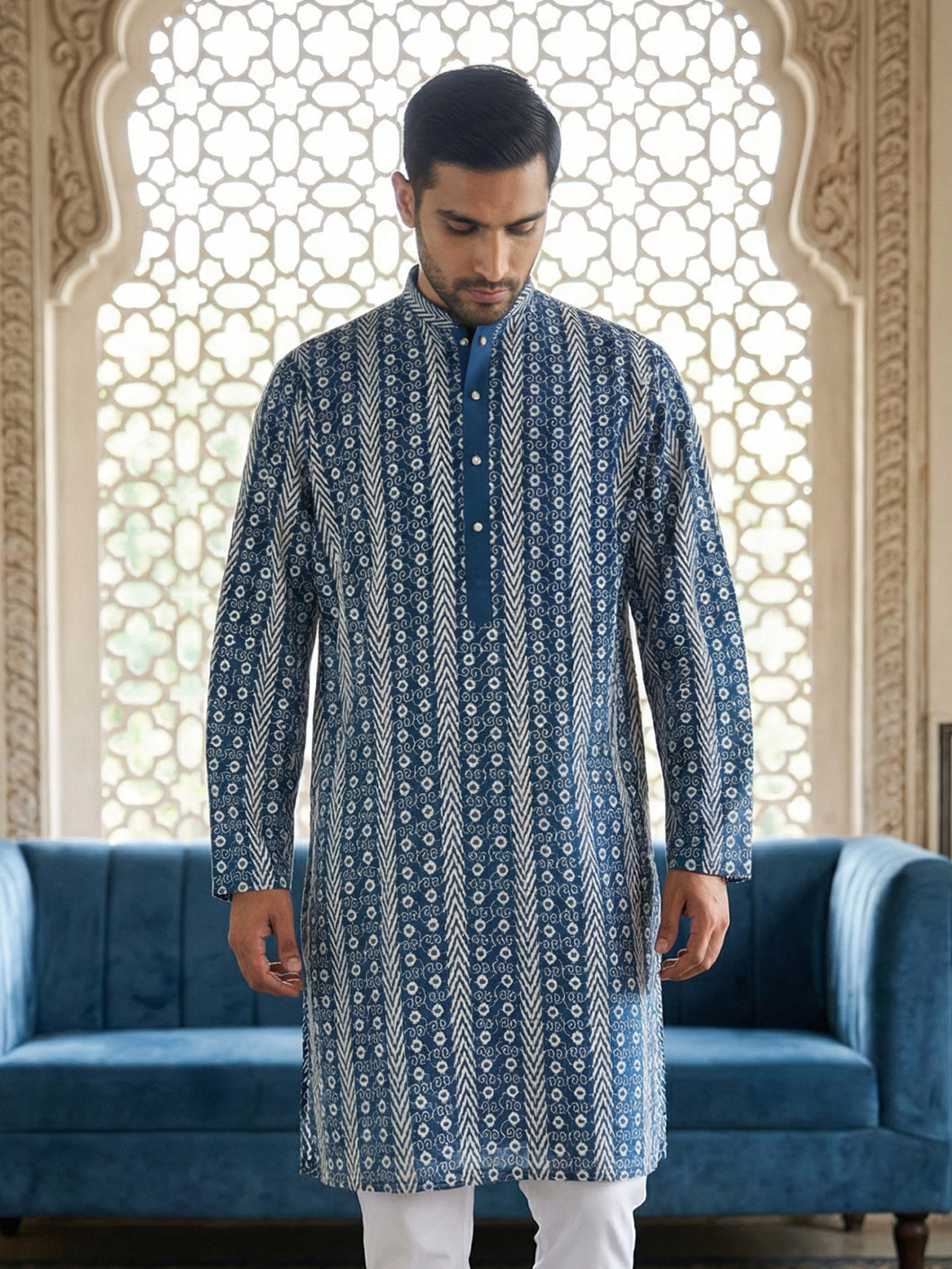 Cotton Blend Embroidered Kurta ( HOPKO 034Blue )