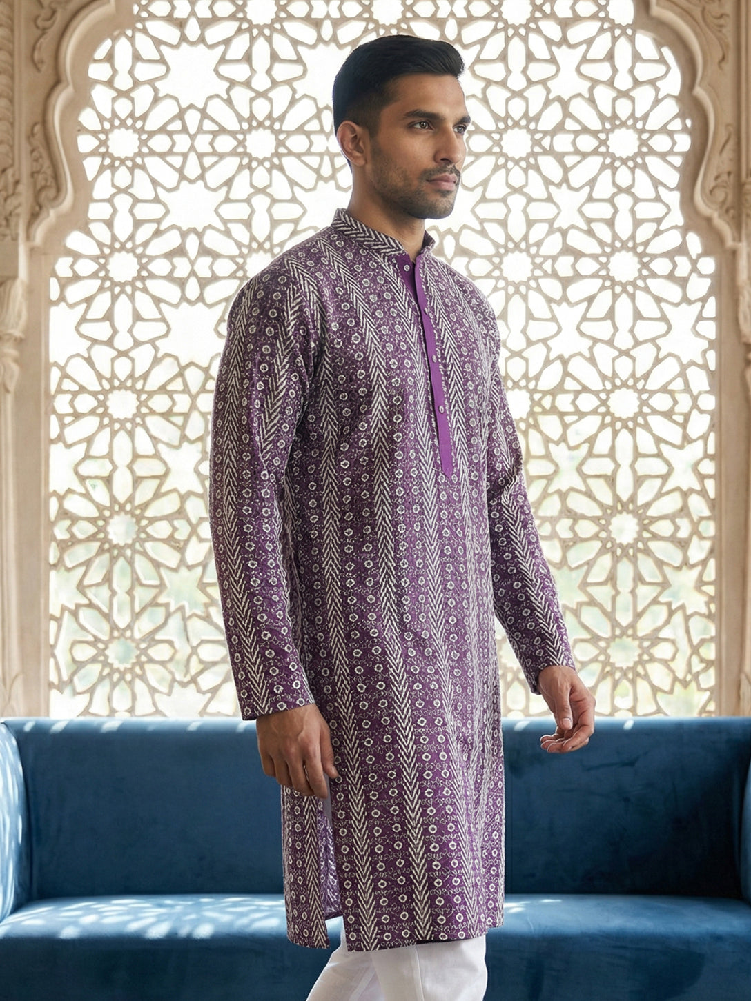 Cotton Blend Embroidered Kurta ( HOPKO 034Purple )