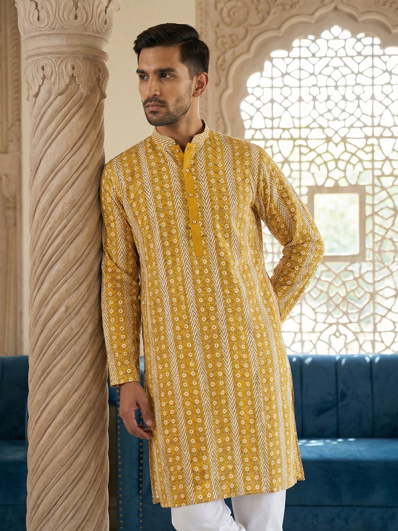 Cotton Blend Embroidered Kurta ( HOPKO 034Yellow )